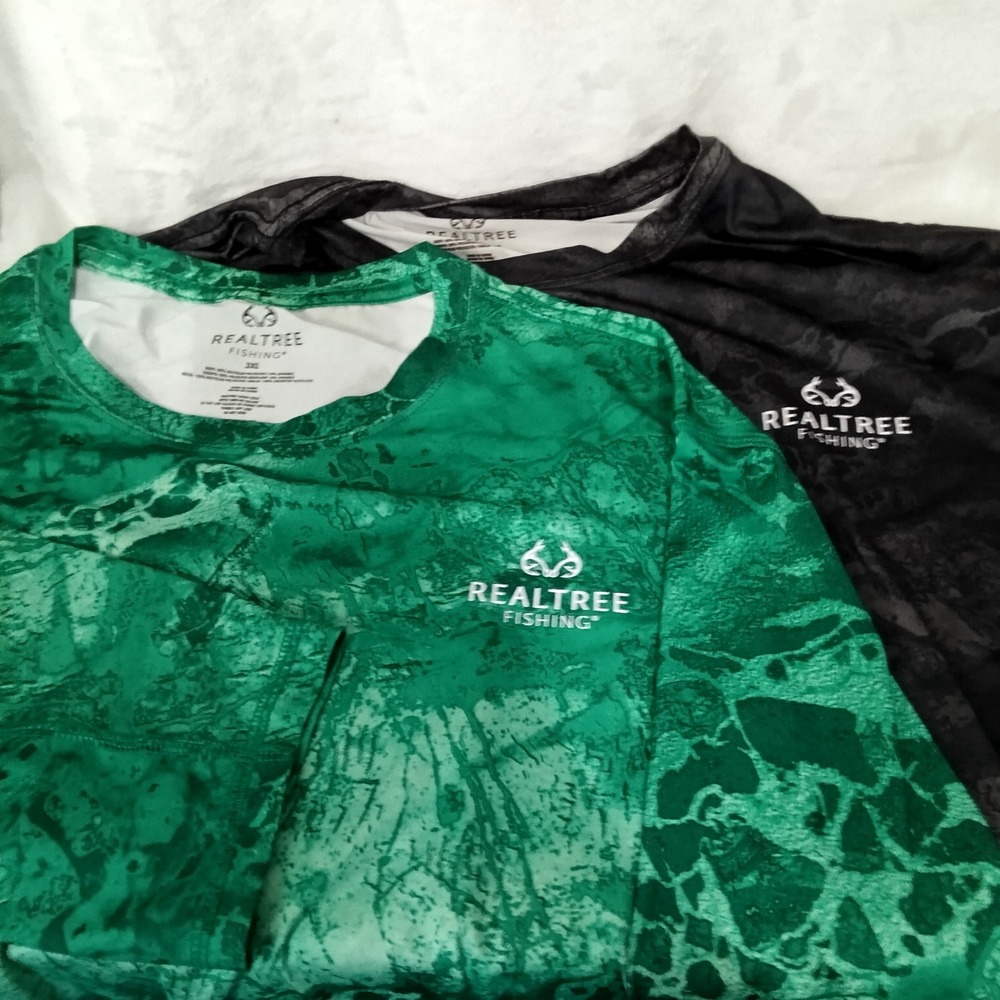 Lot 2 Realtree Fishing Mens 3XL Long Sleeve Performance Shirt Camo Green Black